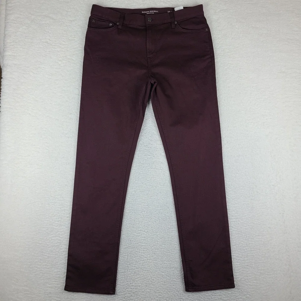 Banana Republic Traveler Pants Mens 34x34 Burgundy Red Slim‎ Performance Chino *